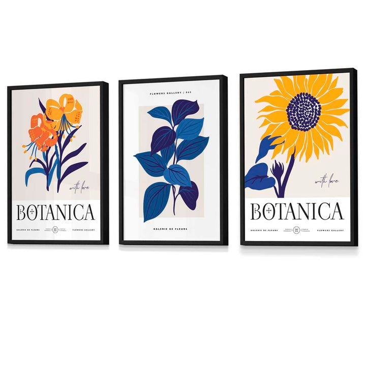 Blue & Yellow Set of 3 Floral Boho Sunflower Framed Wall Art Prints | Bowlift