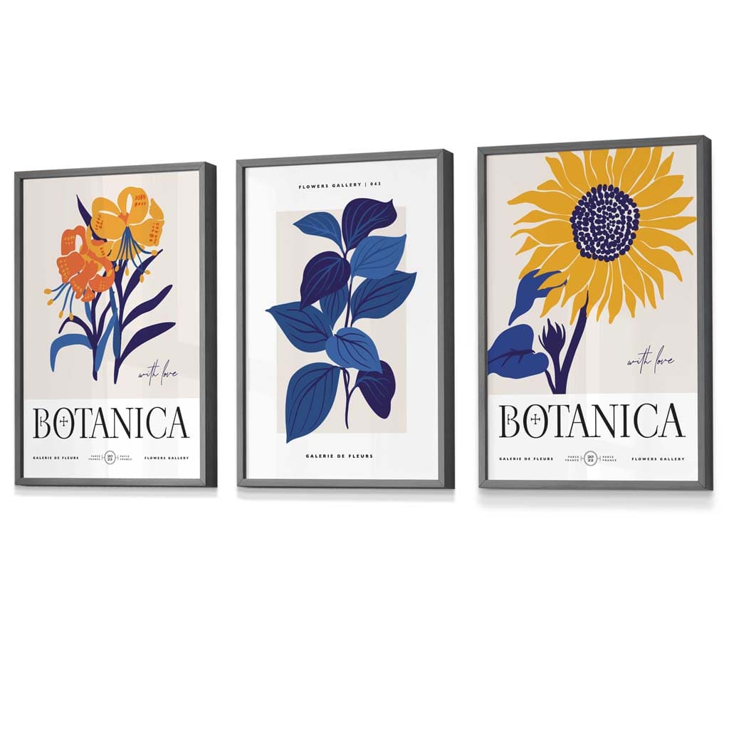 Blue & Yellow Set of 3 Floral Boho Sunflower Framed Wall Art Prints | Bowlift