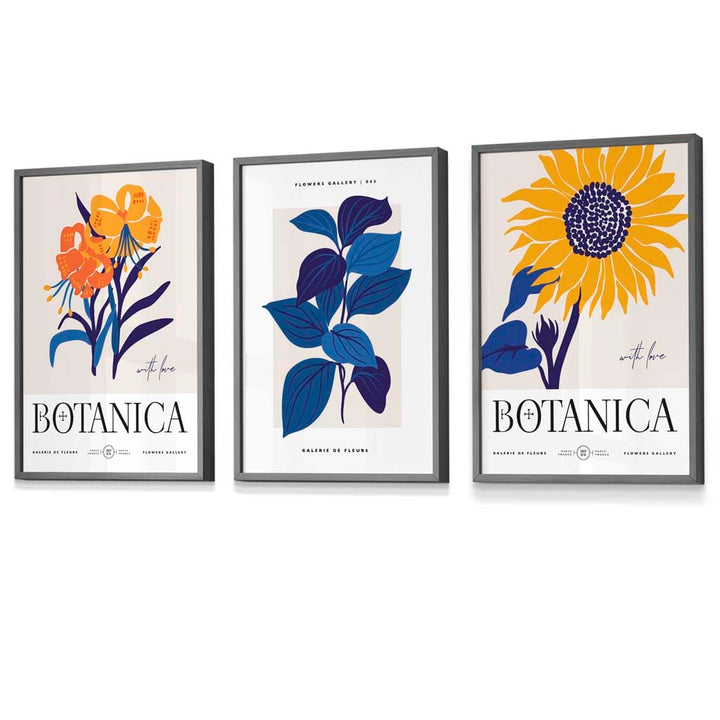 Blue & Yellow Set of 3 Floral Boho Sunflower Framed Wall Art Prints | Bowlift