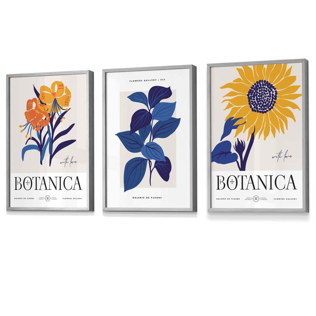 Blue & Yellow Set of 3 Floral Boho Sunflower Framed Wall Art Prints | Bowlift