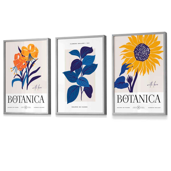 Blue & Yellow Set of 3 Floral Boho Sunflower Framed Wall Art Prints | Bowlift