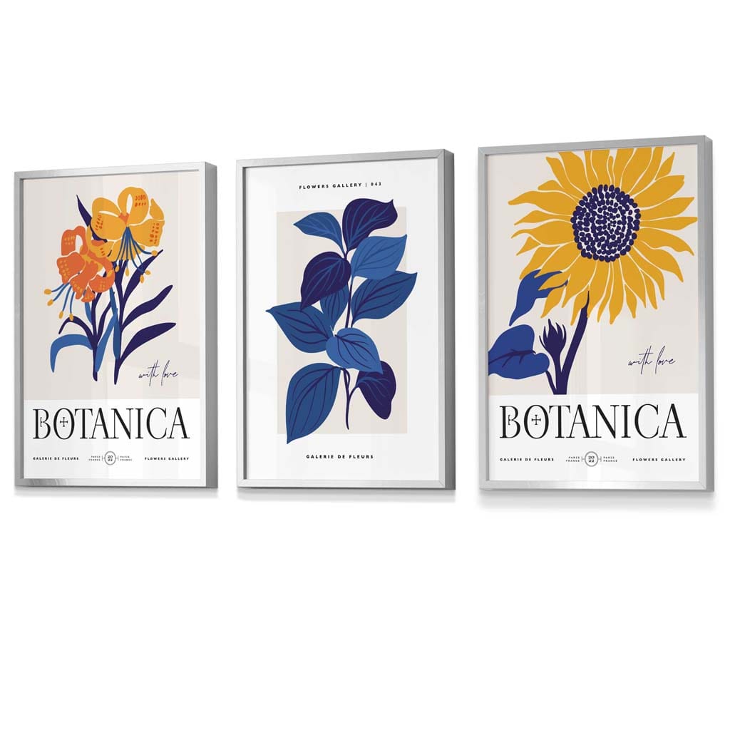 Blue & Yellow Set of 3 Floral Boho Sunflower Framed Wall Art Prints | Bowlift