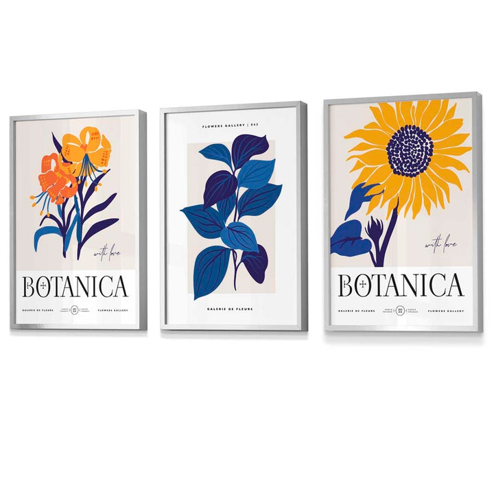Blue & Yellow Set of 3 Floral Boho Sunflower Framed Wall Art Prints | Bowlift