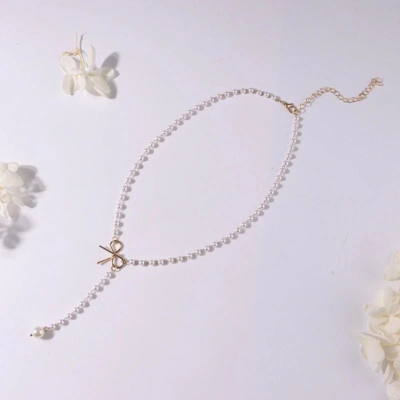 BowLift | Pearl Dainty Bow Lariat Necklace