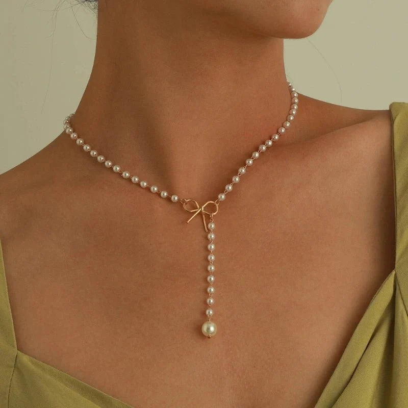 BowLift | Pearl Dainty Bow Lariat Necklace