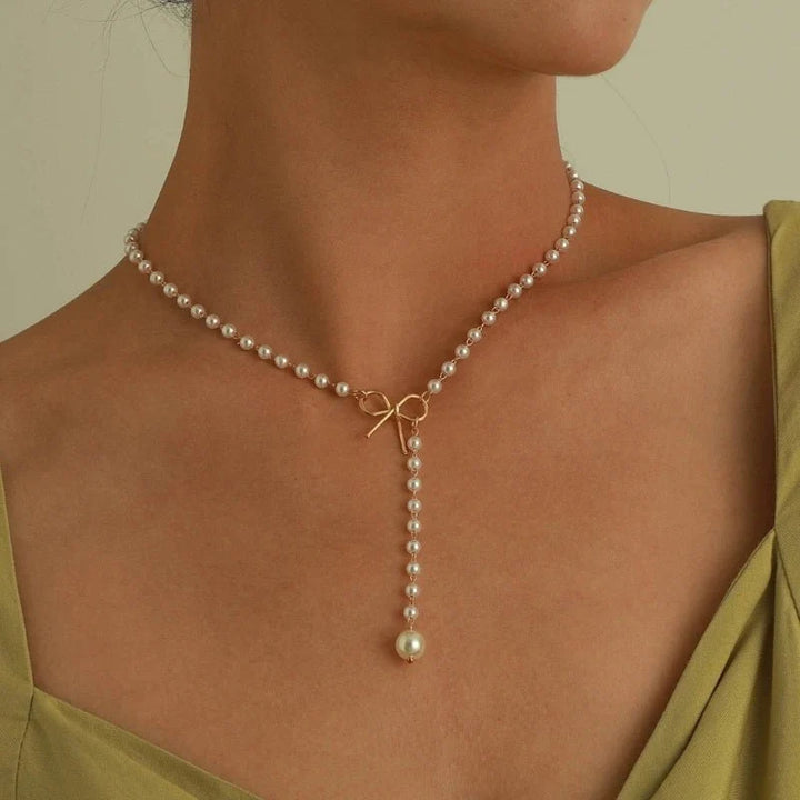 BowLift | Pearl Dainty Bow Lariat Necklace