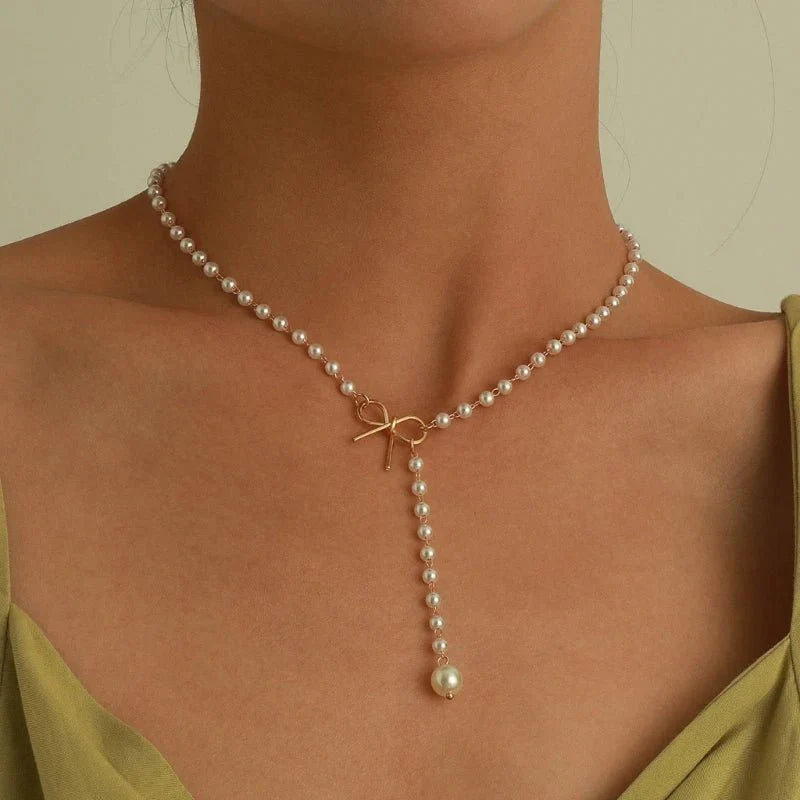 BowLift | Pearl Dainty Bow Lariat Necklace