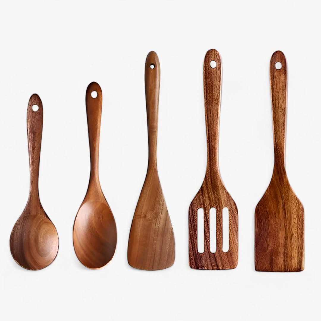 BowLift | Elegant Teak Wood Kitchen Utensil Set – 7-Piece