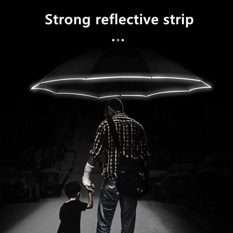 BowLift | Automatic reverse LED light umbrella with reflective strip, three-fold foldable, inverted, 10 ribs, windproof umbrellas for travel