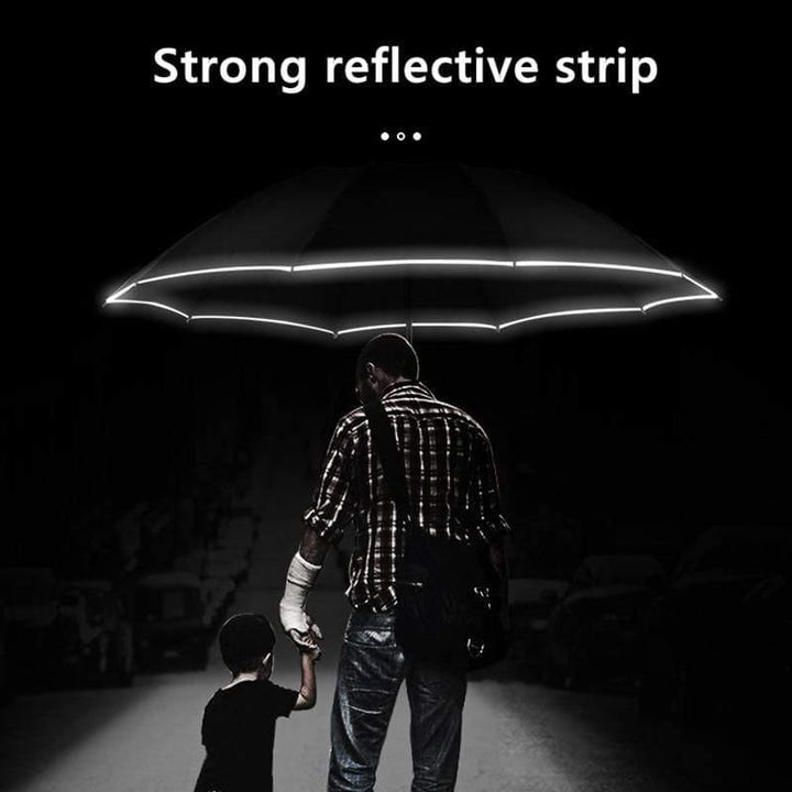 BowLift | Automatic reverse LED light umbrella with reflective strip, three-fold foldable, inverted, 10 ribs, windproof umbrellas for travel