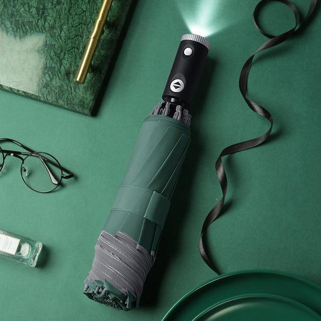 BowLift | Automatic reverse LED light umbrella with reflective strip, three-fold foldable, inverted, 10 ribs, windproof umbrellas for travel