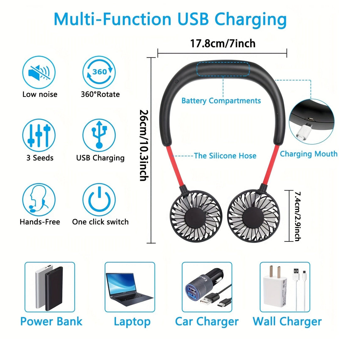 1pc USB Rechargeable Portable Neck Fan - Hands-Free Personal Wear Fan with 360° Adjustable 3-Speed Settings for Travel, Office, Home, and Outdoor Use | Bowlift