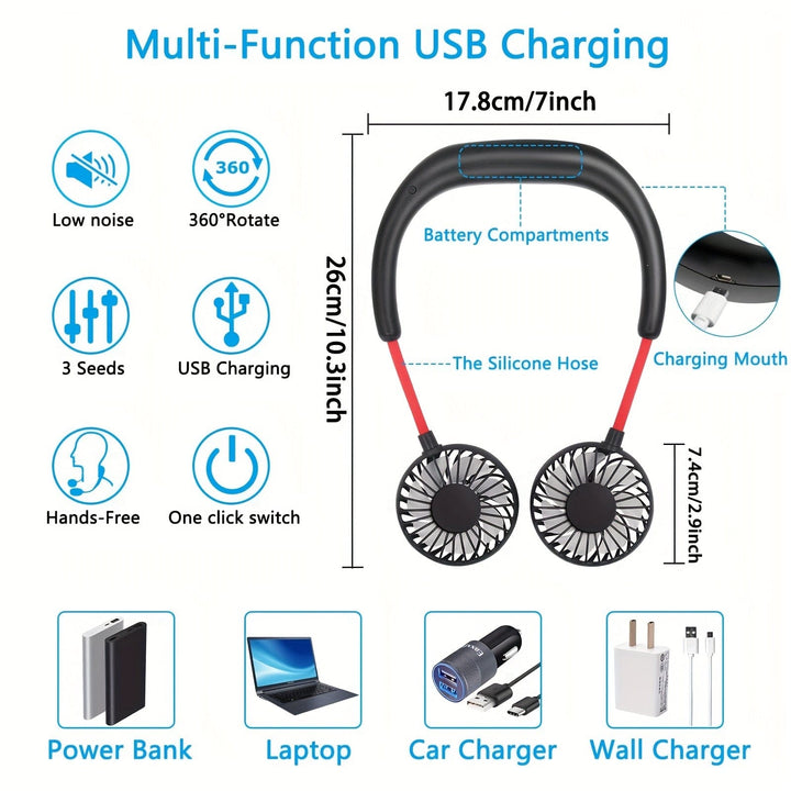 1pc USB Rechargeable Portable Neck Fan - Hands-Free Personal Wear Fan with 360° Adjustable 3-Speed Settings for Travel, Office, Home, and Outdoor Use | Bowlift