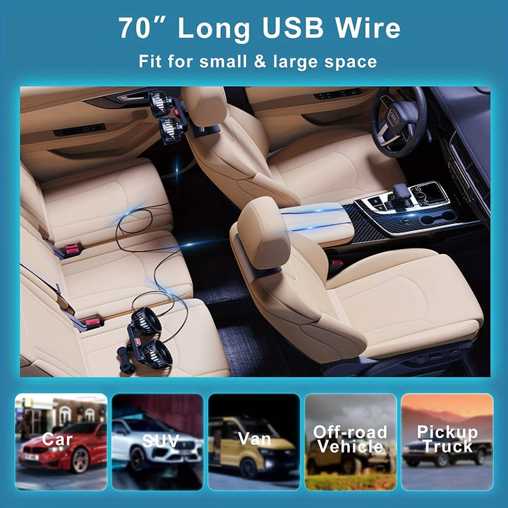 1pc Car Fan, Car Small Air Conditioner, Double-headed Rear Fan, Strong Wind, 360 Degrees Rotation, Large Air Volume, Subwoofer Operation, Base Fixed Clip Mounting Method, Suitable For Car Home | Bowlift