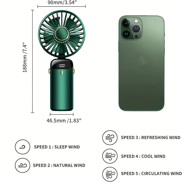 Portable Handheld Mini Fan USB Rechargeable with LED Display 5 Speeds 90° Foldable Battery Operated for Office Bedroom Outdoor Travel Camping Back to School Supplies | Bowlift