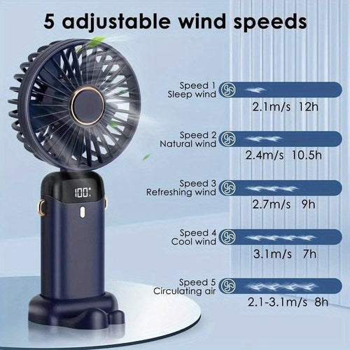 Portable Mini USB Fan LED Digital Display 5 Speeds 21hrs Battery Life Quiet Operation Ideal for Summer Travel and Household Use | Bowlift
