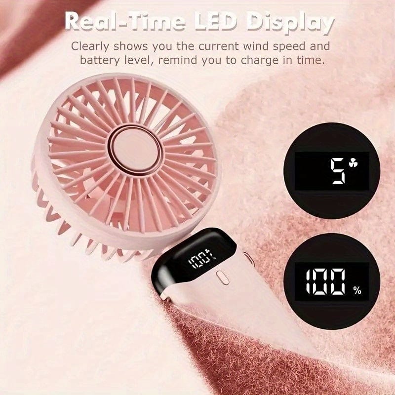 Portable Mini USB Fan LED Digital Display 5 Speeds 21hrs Battery Life Quiet Operation Ideal for Summer Travel and Household Use | Bowlift