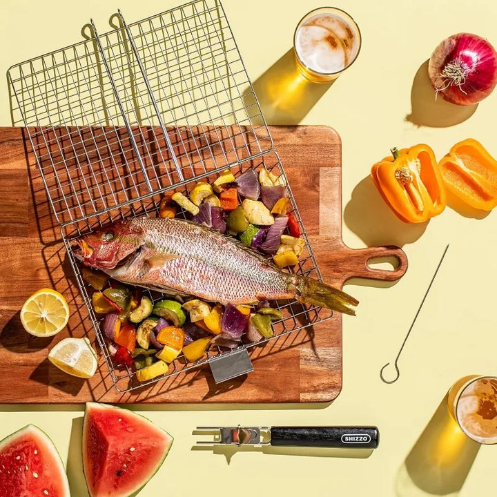 Portable Folding BBQ Grill Basket With Handle Cook Accessories Outdoor | Bowlift