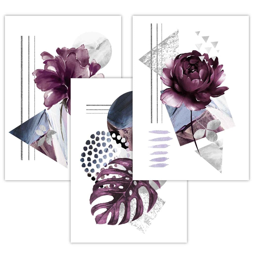 Abstract lilac and silver gray floral framed wall art prints | Bowlift