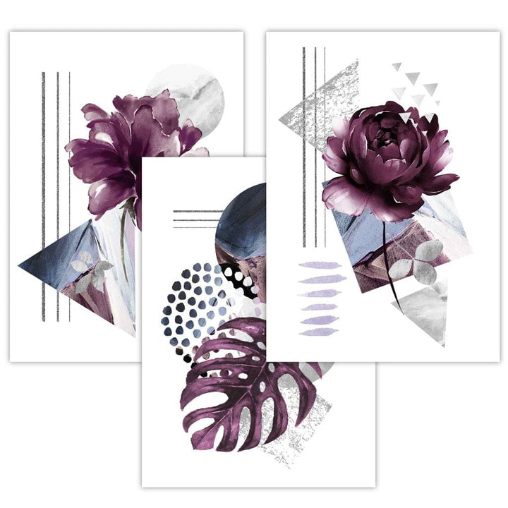 Abstract lilac and silver gray floral framed wall art prints | Bowlift