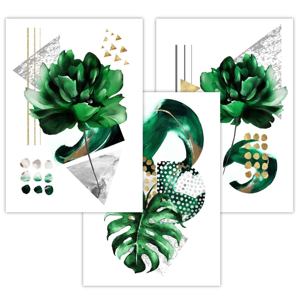 Abstract Green Gold Flower Set of 3 Framed Wall Pictures | Bowlift