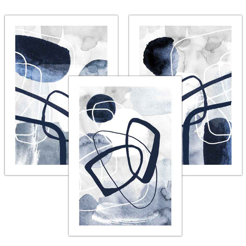 Abstract navy blue shapes set of 3 framed wall art prints | Bowlift