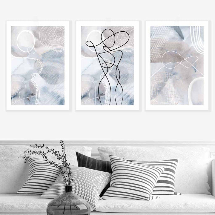 Abstract set of 3 fashion lines art wall art prints in blue & beige | Bowlift