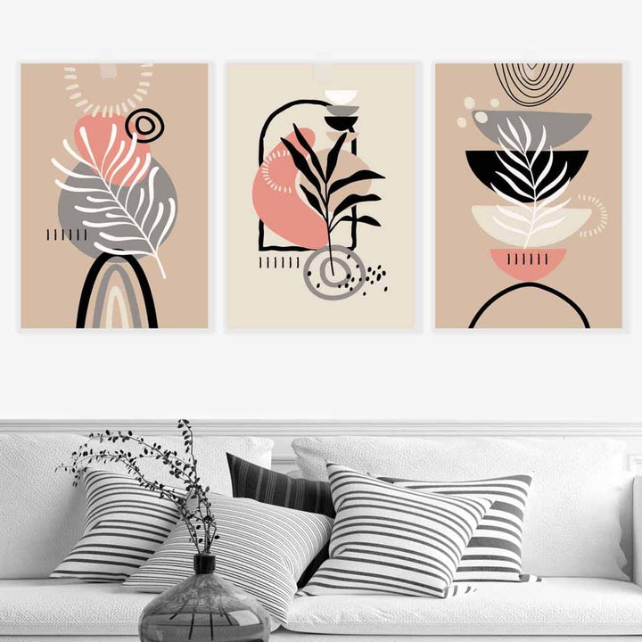 Boho Abstract Set of 3 Wall Art Prints in Pink Black Beige and Gray | Bowlift