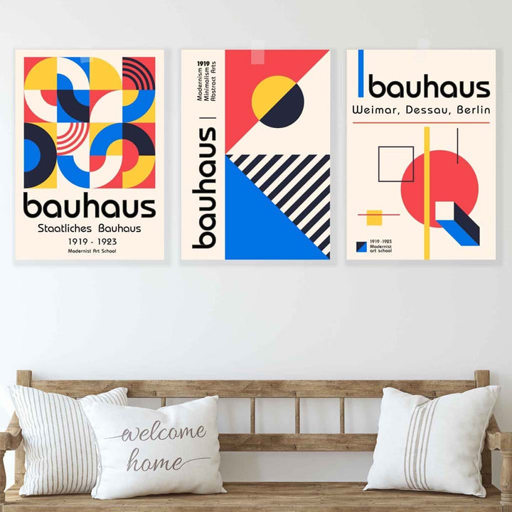 Bauhaus Red Blue & Yellow Geometric Set of 3 Wall Art Prints | Bowlift