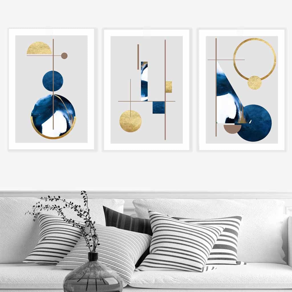 Abstract set of 3 textured geometric art wall art prints in navy blue and gold | Bowlift