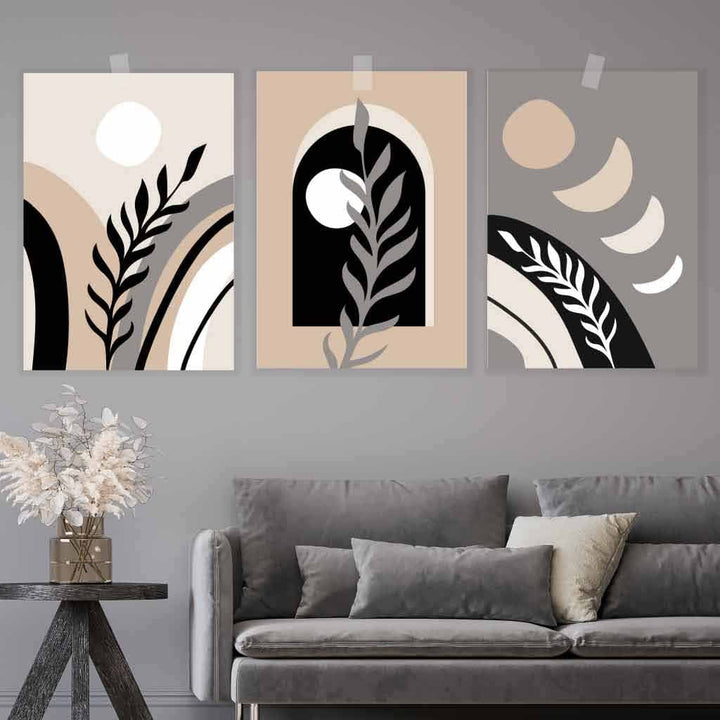 Boho Abstract Set of 3 Wall Art Prints in Black Beige and Gray | Bowlift