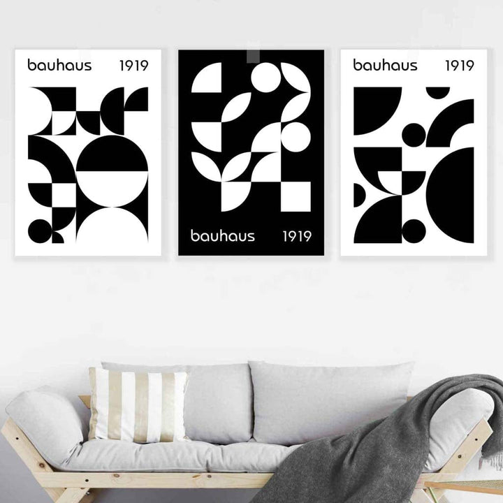Bauhaus Style Graphic Black-White Geometric Set of 3 Wall Art Prints | Bowlift