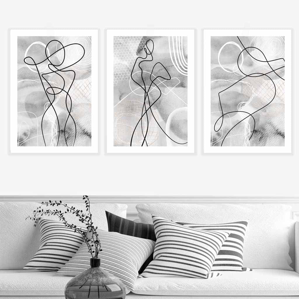 Abstract Set of 3 Fashion Line Art Wall Prints in Black & Gray | Bowlift
