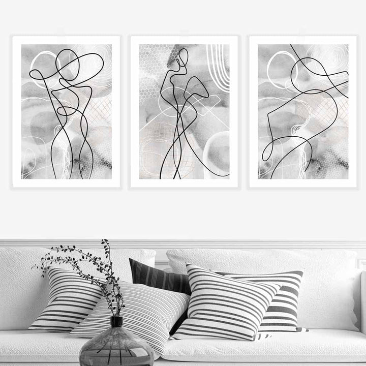 Abstract Set of 3 Fashion Line Art Wall Prints in Black & Gray | Bowlift