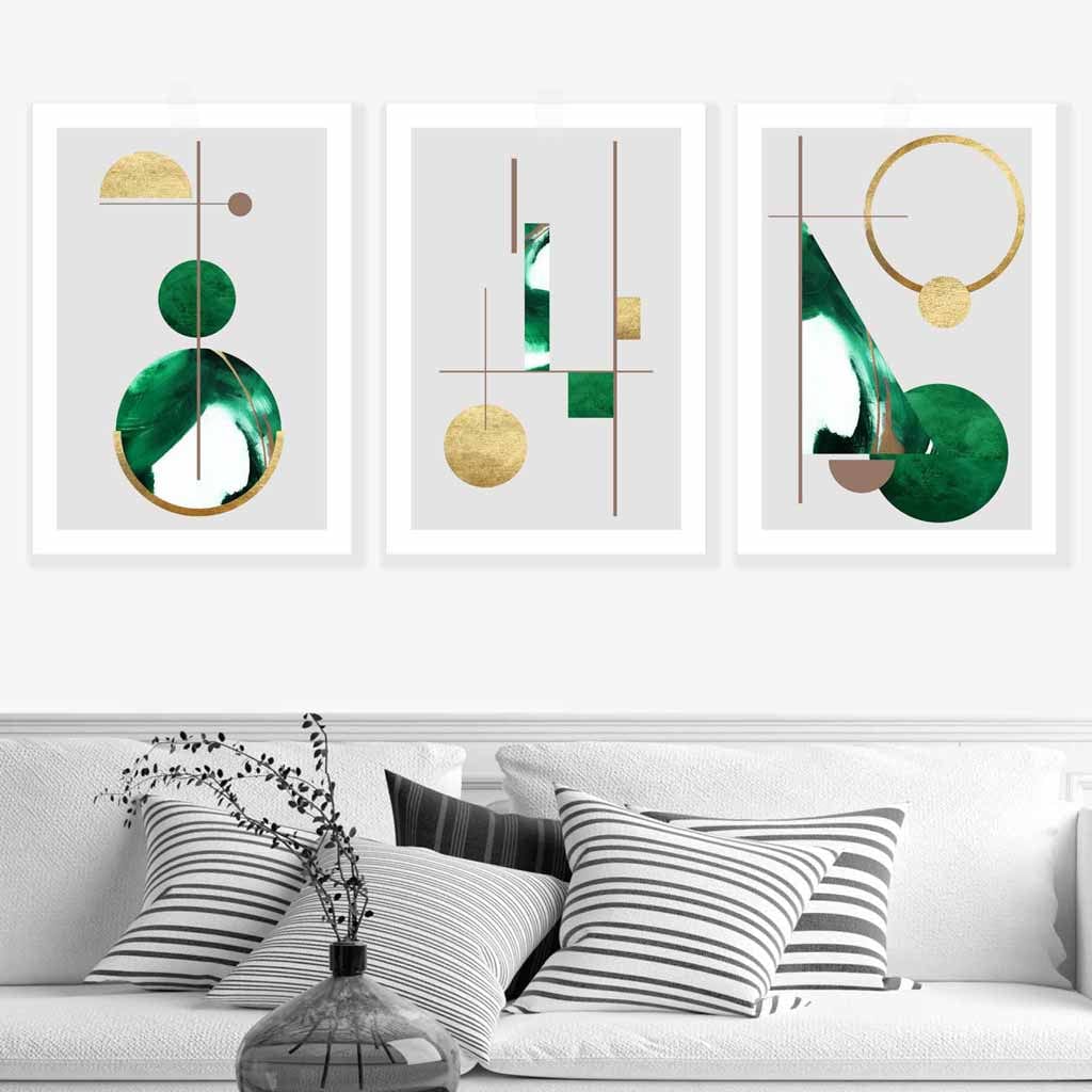 Art Deco Set of 3 textured geometric wall art prints in green and gold | Bowlift