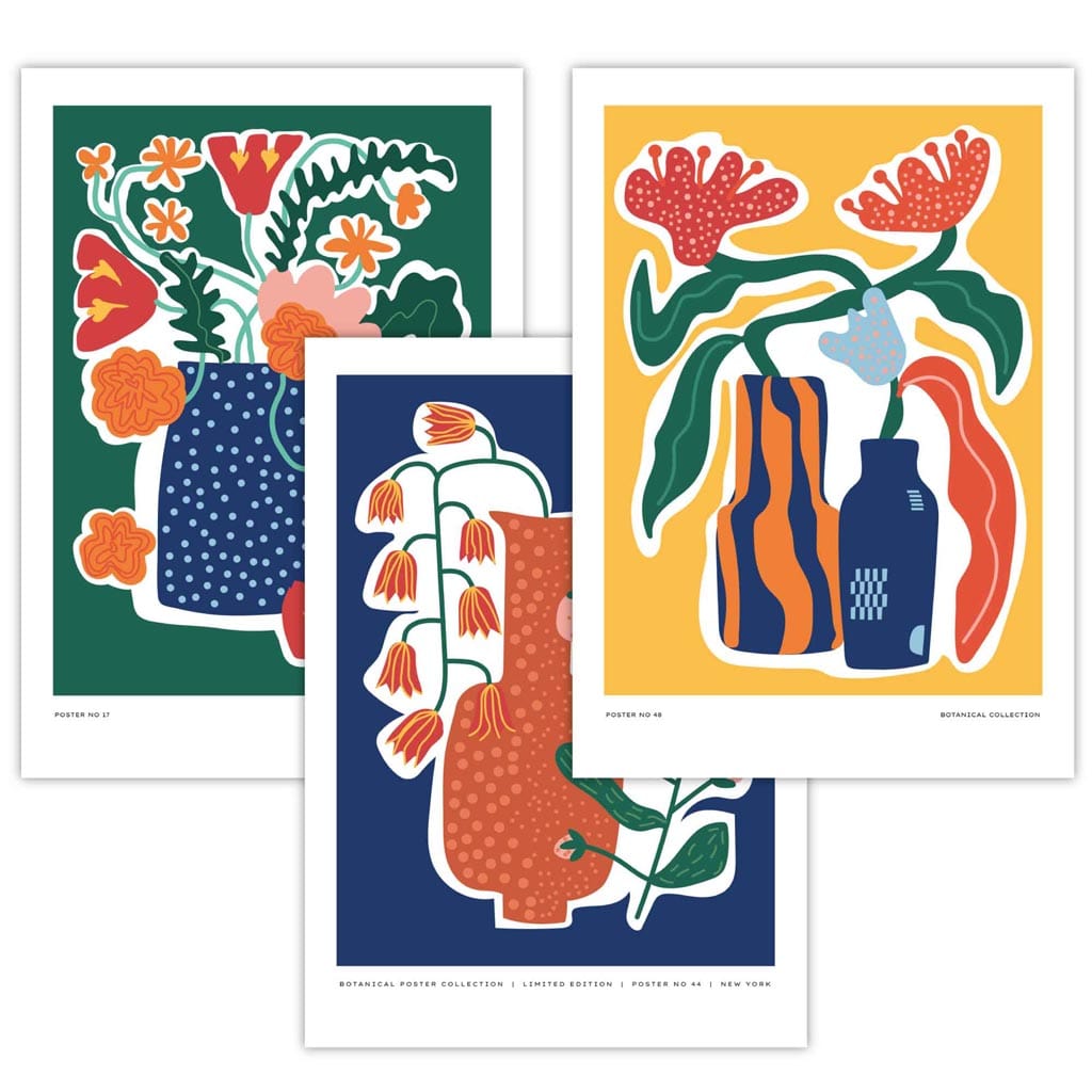 Artisan Colored Botanical Set of 3 Posters in Blue, Yellow and Green | Bowlift