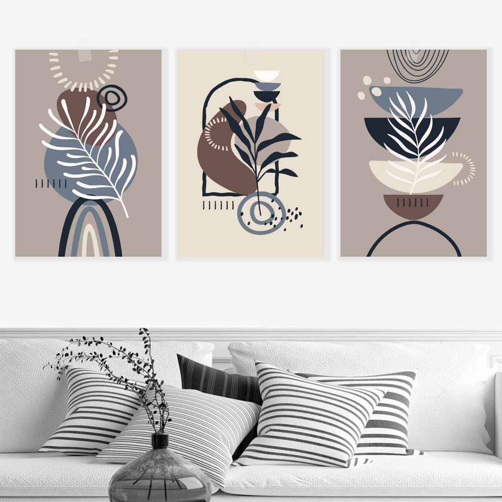 Boho Botanical Set of 3 Wall Art Prints in Black Beige Blue and Brown | Bowlift