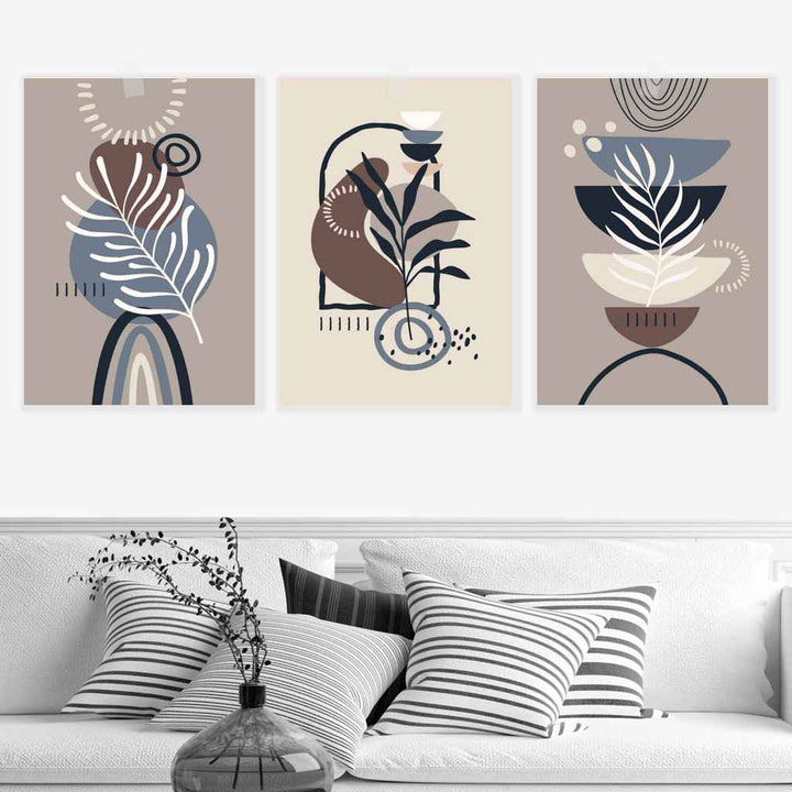 Boho Botanical Set of 3 Wall Art Prints in Black Beige Blue and Brown | Bowlift