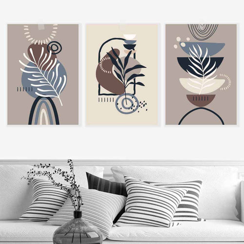 Boho Botanical Set of 3 Wall Art Prints in Black Beige Blue and Brown | Bowlift