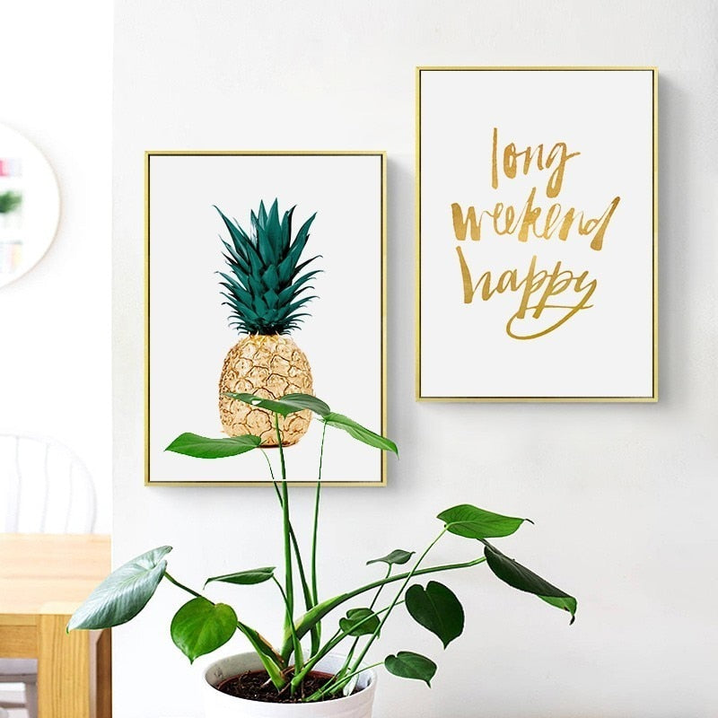 Gold Pineapple Tropical Turtle Leaf Modern - Canvas Wall Art Painting | Bowlift