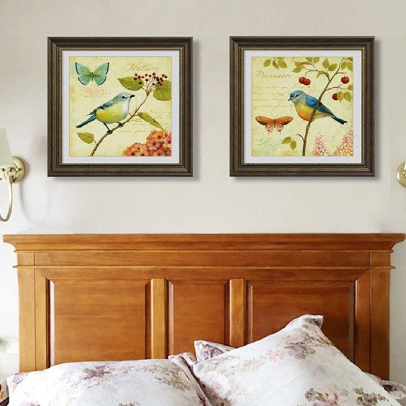 Vintage Europe Birds Butterfly Flowers - Canvas Wall Art Painting | Bowlift