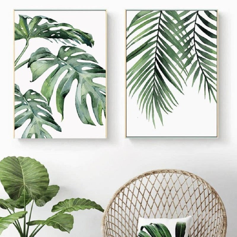Watercolor Green Tropical Plants - Canvas Wall Art Painting | Bowlift