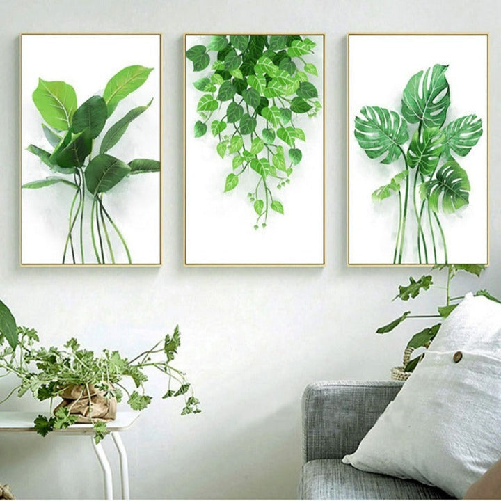 Nordic Green Refresh Minimalist Leaves - Canvas Wall Art Painting | Bowlift