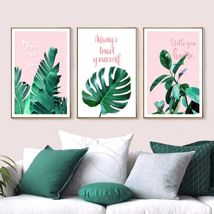Pink Background Green Tropical Leaves - Canvas Wall Art Painting | Bowlift
