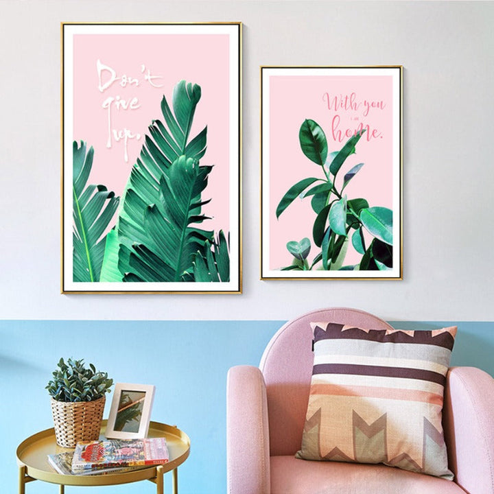 Pink Background Green Tropical Leaves - Canvas Wall Art Painting | Bowlift