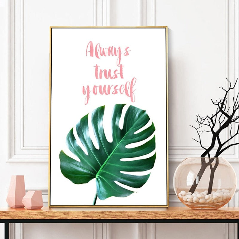 Pink Background Green Tropical Leaves - Canvas Wall Art Painting | Bowlift