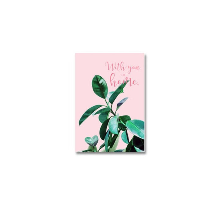 Pink Background Green Tropical Leaves - Canvas Wall Art Painting | Bowlift