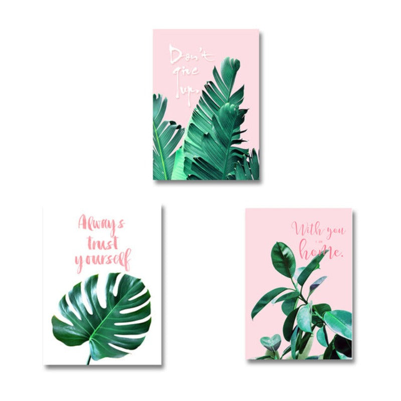 Pink Background Green Tropical Leaves - Canvas Wall Art Painting | Bowlift