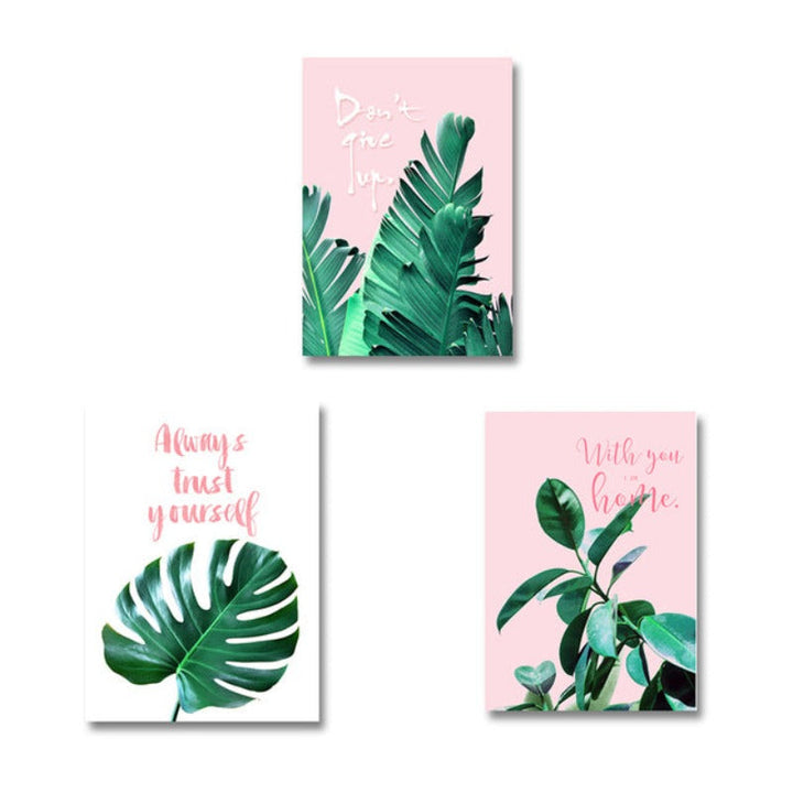 Pink Background Green Tropical Leaves - Canvas Wall Art Painting | Bowlift