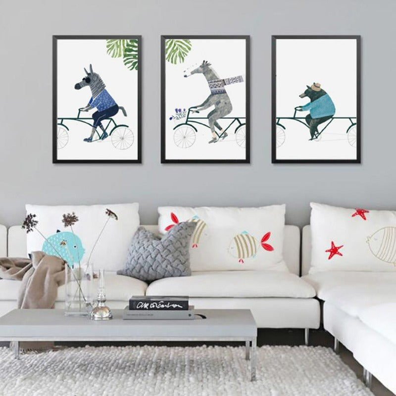 Nordic Animals Bear Zebra Riding Bike - Canvas Wall Art Painting | Bowlift